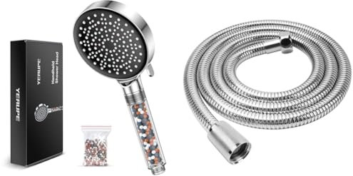 High Pressure Shower Head with Filter - YEAUPE Handheld Powerful Flow Beaded Showerheads Filter & 1.5M(59) Universal Shower Pipe Anti-Kink Standard G1/2 All Copper Connectors, Chrome