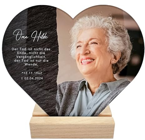 Gedenktafel Trauer personalisiert mit Foto Andenken Acrylglas 20 x 22 cm | Personalisiert, Acrylglas mit Echtholzfuß, 20 x 22 cm, Andenken an verstorbene Menschen, Fotogeschenk, Glasherz