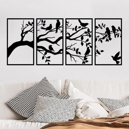 ruelen 4 Stück Große Metall-Vögel und Zweig-Wandkunst, Baum des Lebens, Metall-Wandkunst, schwarze Blätter mit Vögeln, Silhouette, hängende Wandskulptur für drinnen Zuhause, Schlafzimmer, Wohnzimmer
