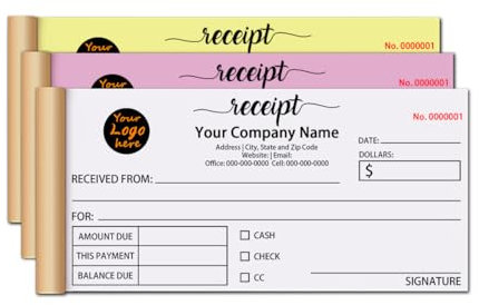 Custom 3.3 x 6.9 Invoice Pad, Carbon Duplicate Copy Sales Receipt Form, 2-Part Carbonless NCR Books, Receipts, Work Orders, Estimates, Quote Forms with Your Company/Business Name Logo