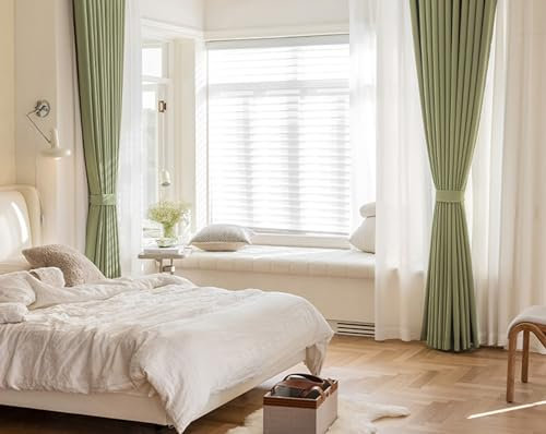 Bishilin Verdunklungsvorhänge mit Ösen 132x183CM, Gardinen Blickdicht 2er Set Modern Einfarbig mit Kariert Motiv Matcha Grün Vorhänge Verdunkelnd Schlafzimmer Kinderzimmer Jugendzimmer