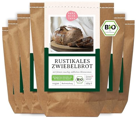 Bio Brotbackmischung Rustikales Zwiebelbrot – mit Röstzwiebeln – herzhaftes Bio Brot ideal für Grillen, Brotzeit & Ofen – auch für Brotbackautomat – Bake with Love – 6er Pack
