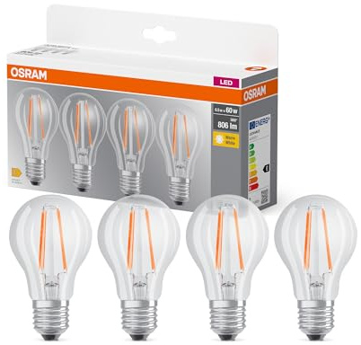 Osram LED BASE A60, Vorteilspack mit 4 Leuchtmittel, ersetzt herkömmliche 60W Glühbirnen, 6.5W, warmweiß (2700K), Filament Glas, nicht dimmbar, Birnenform, E27