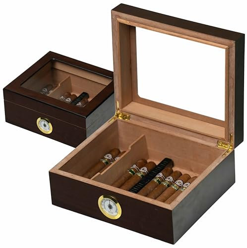 VINCURILUX Cave à Cigares Artisanale, Boîte à Cigare en Cèdre Espagnol avec Séparateur, Copeaux de Cèdre, Humidificateur, Hygromètre et Pieds de Cigare, Cadeaux de Luxe pour Humidor (30-50 cigares)