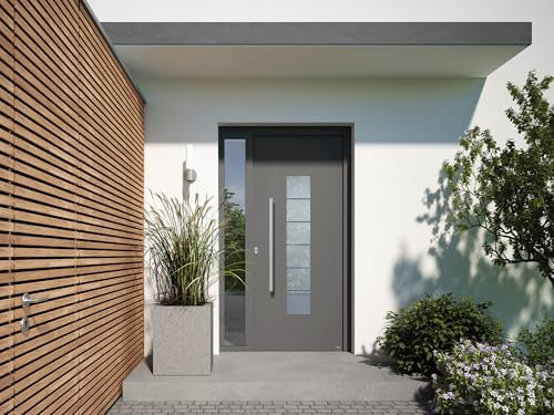 Hochwertige Aluminium-Haustür Basic Comfort, Blendrahmen + Türflügel innen flächenbündig, ab 0,87 W/m²K, 3 Motive, 4 Farben (Modell Finnja - DIN-Rechts, Anthrazitgrau, RAL 7016, Feinstruktur matt)