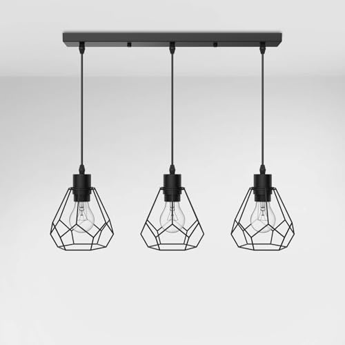 EMKE Pendellampe Pendelleuchte 3 flammig Hängelampe, Vintage Hängeleuchte Esszimmer Esstisch Lampenschirm Licht, E27 Lampe Hängend Küche Wohnzimmer Pendellampen Schwarz