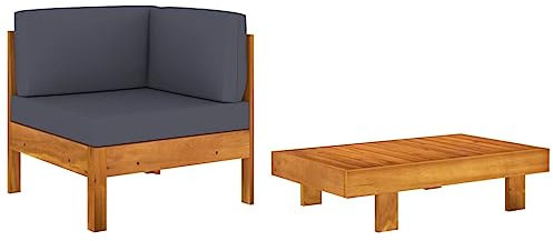 CINDERFUL 2-TLG. Garten-Lounge-Set mit Dunkelgrauen Kissen Akazienholz,Ganzjähriges Loungeset aus massivem Akazienholz für Terrasse und Garten Gartensitzmöbel