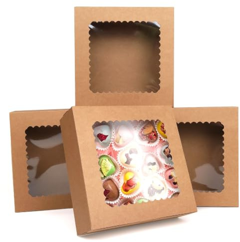 GXFCING Scatola per Torte da 24 Pezzi, 20,4 x 20,4 x 6,4 cm Scatola per Dolci in Cartone Kraft con Finestra Trasparente per Feste di Natale Biscotti Pasticcini Cupcake Confezioni