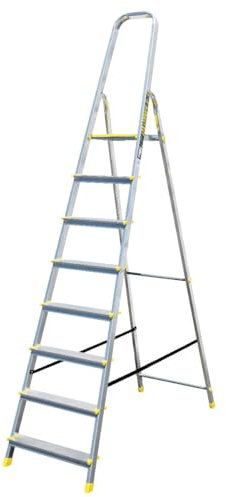 Bayersystem BS-DA8 150 Trittleiter mit 8 Stufen, Aluleiter, bis 150 kg belastbar, max. Arbeitshöhe 3,64 m, Klapptrittleiter mit Handlauf, Anti-Rutsch-Füße, Klapptritt für Haushalt, Silber/Gelb