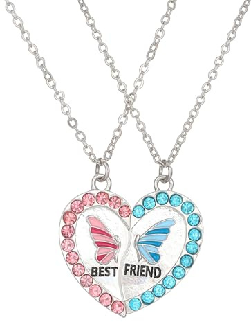BeoTnp BFF Necklace for 2 Girls, Friendship Necklace with Heart Shape Butterfly Pendant, 5 + 48cm Alloy Best Friend Necklaces for 2, Friendship Necklaces for Graduation, Birthday, Christmas Gifts