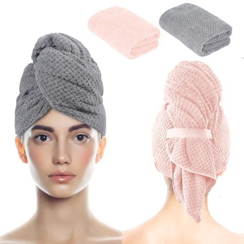2 Stück Mikrofaser Handtuch Haare, 100 x 60 cm Haarturban Super Saugfähig | Schnelltrocknend Haarhandtuch mit Elastischem Band für Damen Kinder Lange Haar Schnell Trocknend, Grau und Rosa