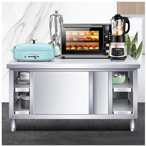Établi commercial à porte coulissante en acier inoxydable – Grande table de préparation avec armoire de rangement et pieds réglables Idéal pour la cuisine et les tâches de découpe Design métallique