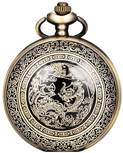 Afcrho Pocket Watch for Men Women Black Dragon and Phoenix Quartz Pocket Watches with Chain