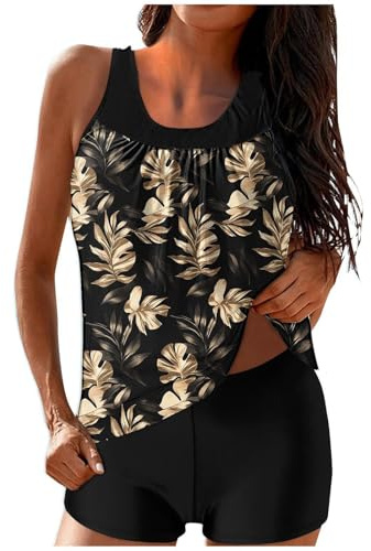 Tankini Damen Bauchweg Badeanzug Push Up Oberteil mit Badeshorts Hohe Taille U Ausschnitt Bademoden Set Zweiteiler Sommer Drucken Badeanzüge mit Rüschen für Damen Strand Ferien (Z11-Black, XXXXL)