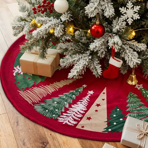 Lanpn Christmas Tree Skirt 120cm, Velvet Xmas Tree Skirt Winter Christmas Tree Mat for Large Artificial Trees Winter Home Party Holiday Indoor Xmas Decorations (Red, 48 inch)