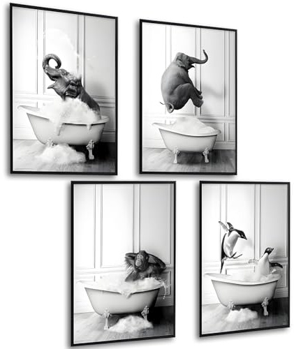Tarqite 4er Badezimmer Bilder Set, Schwarz-Weiß Tiere Poster Bad, Bilder für Badezimmer, Lustiges Tiere Wanddeko, A4 WC Wand Deko, Wandkunst für Toilette- Ohne Rahmen, 21 x 29,7 cm
