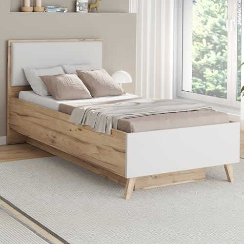Forte VANKKA Bettgestell, Liegefläche: 90 x 200 cm, modernes Bett mit Polsterkopfteil, Einzelbett, Schlafzimmer, Holzwerkstoff, Planked Eiche Holzdekor, 97,4 cm breit x 94,2 cm hoch x 206,5 cm tief