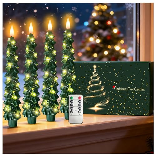 Qaeshi Velas de árbol de Navidad con cadena de luces cálidas, velas cónicas LED con temporizador remoto, vela que funciona con pilas, candelabros sin llama de Navidad parpadeantes 3D para decoración
