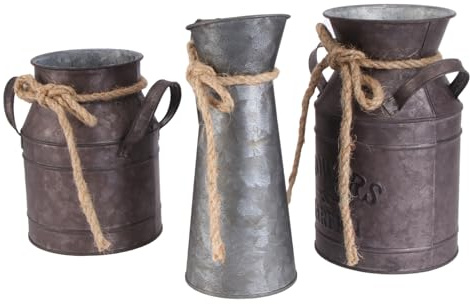 TOPPERFUN Secchiello Per Fiori Retrò in Ferro Decorativo Stile Vintage Per Casa, Ufficio e Giardino, Set Da 3 Pezzi Design a Forma Di Brocca Del Latte e Caffettiera, Vaso Per Fiori Secchi Artigianale
