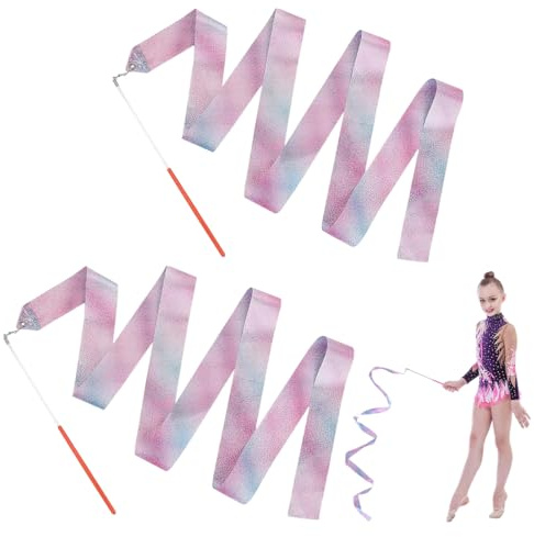 YUVKIN 2 Stück Gymnastikband mit Stab, Turnen Zubehör Tanzband für Kinder & Erwachsene, Rhythmische Sportgymnastik Band, Turntuch Glitzerstab für Indoor Tanzen (2 m, Glitzer Rosa)