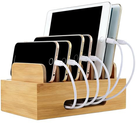 Holz Ladestation für Mehrere Geräte, Handy-Dock aus Bambusholz Multi Charger Organizer Dockingstationen Kompatibel mit Telefon, Tablet