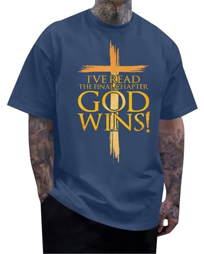 Herr-T-shirts nyhet roliga kristna skjortor kors tryckta mode sommar toppar för män gud win brev grafisk rund hals vardagliga t-shirts vårkläder, Marinblått Xsp, M