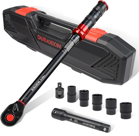 DURAXION 8-tlg Drehmomentschlüssel Auto Set Klein 1/2 20-230Nm | für Motorrad/PKW/KFZ Reifenwechsel,±3% Genauigkeit,72 Zähne,Klick,Doppelskala,mit 125mm Verlängerung,Adapter,Stecknüsse