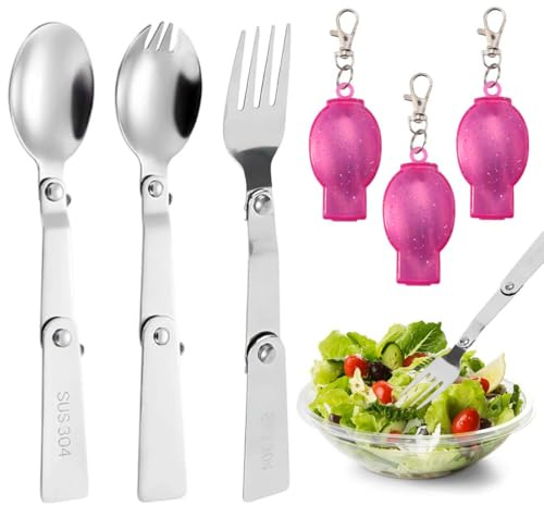 ZORTVUL 3 Piezas De Tenedores Y Cucharas Plegables, Cuchara Plegable De Acero Inoxidable, Cubiertos Portátiles Con Caja, Para Acampadas Al Aire Libre, Viajes, Picnics