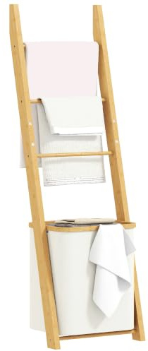 HOMCOM Handtuchhalter Badregal 48L-Wäschekorb 43 x 35 x 133 cm Cremeweiß | Abnehmbarer Wäschekorb, 3 Handtuchstangen, Handtuchleiter aus Bambus, Handtuchständer, für Wohnzimmer, Badezimmer