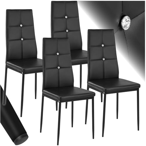 tectake® 4er Set Stühle Esszimmer, 4X bequemer Stuhl Kunstleder mit Glitzersteinen, Esszimmerstühle, Polsterstuhl für Wohnzimmer, Dining Table, Küchentisch, Essstühle, hohe Rückenlehne - schwarz