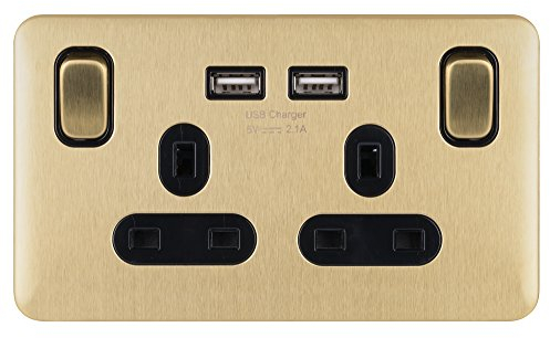 Schneider Electric Lisse Screwless Deco 2G 13A Sw SO SP w/ 2USB BSB, USB, Satin Brass, 2 Gangs