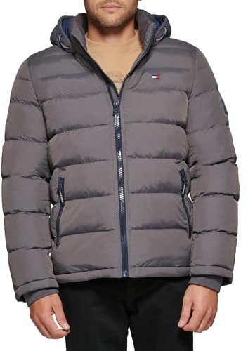 Tommy Hilfiger Men's Hooded Puffer Jacket Down Alternative Coat, Charcoal, L