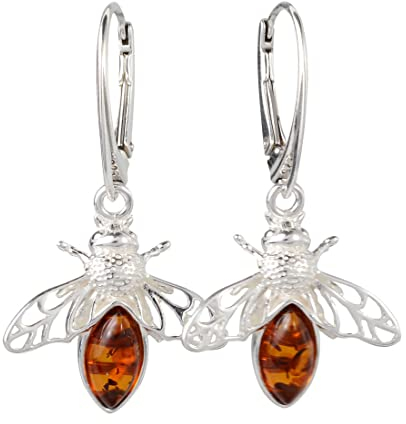 Amber Jewelry for Women - Sterling Silver and Baltic Honey Amber Bumble Bee Earrings, French Leverback Dangle Earrings, Statement Gemstone Earrings