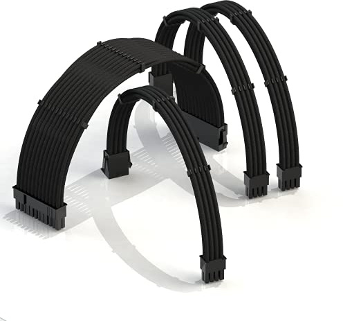 LINKUP - AVA 30cm Câble d’Extension PSU w/Manchon | Conception Personnalisable l’Alimentation GPU | Tressés w/Kit Peignes pour Câbles | 1x24P (20+4) | 1x8P (4+4) CPU | 2x8P (6+2) GPU | 300mm - Noir