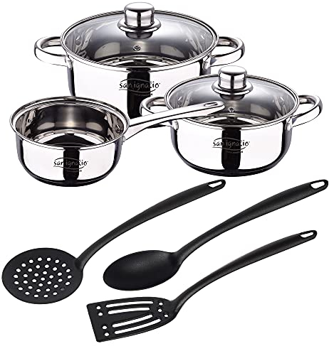 San Ignacio Bateria 5pcs acero inoxidable: cazo Ø16x7,5 Cacerolas de Ø18x8,5 y Ø20x9,5 cms, inducción + Set 3pcs Utensilios de cocina en nylon, PK3374