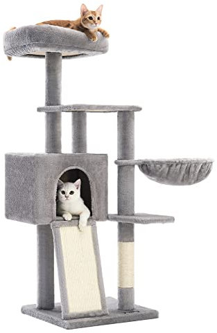Feandrea Kratzbaum, 135 cm Kleiner Katzenbaum, mehrstöckiger Plüsch-Katzekratzbaum mit waschbarer, Abnehmbarer Sitzstange, Kratzstamm, Korb, Höhle, hellgrau