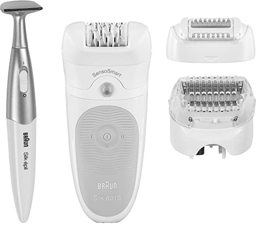 Braun Silk-épil 5 Epilierer Damen für Haarentfernung / Haarentferner, inkl. Bikinitrimmer (Haartrimmer Intimbereich), schwenkbarer Kopf, 5-805, weiß/grau