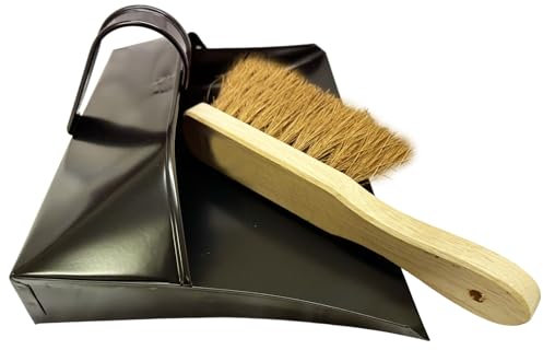 Large Metal Dustpan and Soft Brush Heavy Duty Wide Industrial Design Large Black Hooded Metal Dustpan and Soft Brush Set Suitable for Warm Waste for Indoor Outdoor