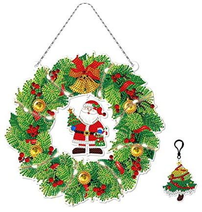 NSXIN 5D Diamond Painting Weihnachten Deko, DIY Diamant Malerei Bilder Kit Weihnachtskranz mit LED-Licht, Handwerk Applique Mosaik für Haustür Wand Fenster Weihnachtsdekor (A2)