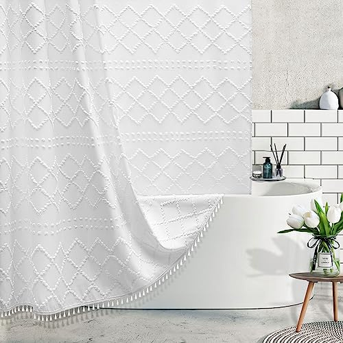 Extra långt vitt texturerat vävt tyg boho duschdraperi med tofsar 72 x 84 modernt bondgård minimalistiskt, tuftad sparre randig shabby chic, vattentålig tyggardin för badrum, hotelldekor