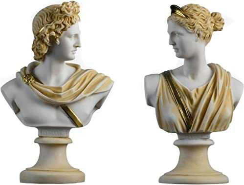 Set 2 Büste Artemis Diana und Apollo, griechische Statuen Figur Götter Alabaster Gold 32,5 cm