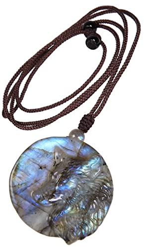 Nupuyai Pendentif en Cristal Labradorite avec Corde Réglable, Reiki de Huérison Cristal Quartz Collier Bijoux pour Femmes Hommes, Tête de loup