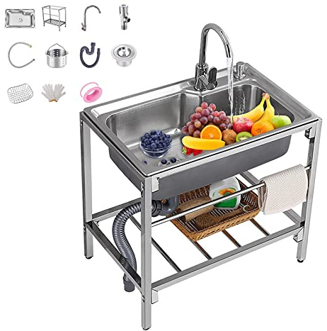 Ducunsheng Camping Waschbecken Für Garage Garten, Mobiles Outdoor Spültisch, Industrie Spülbecken Mit Armatur, Edelstahl Komplettspüle Standwaschbecken, Stabil Und Langlebig Outdoor Und Innenräume