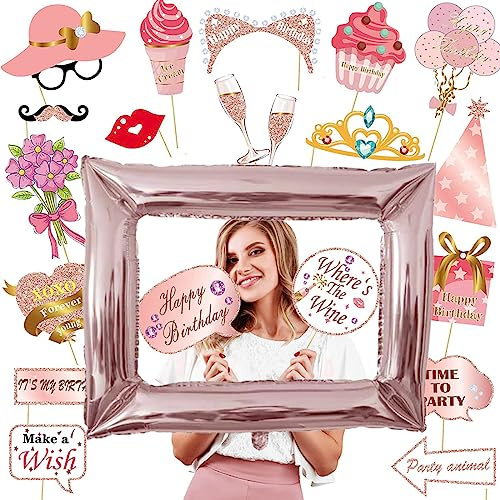 SJBAUTYO Photo Booth Geburtstag Rahmen, Aufblasbarer Bilderrahmen Rosegold, Fotobox Accessoires Geburtstag, Party Foto Requisiten, Selfie Rahmen für Frauen Männer Partys Feste Geburtstagdeko