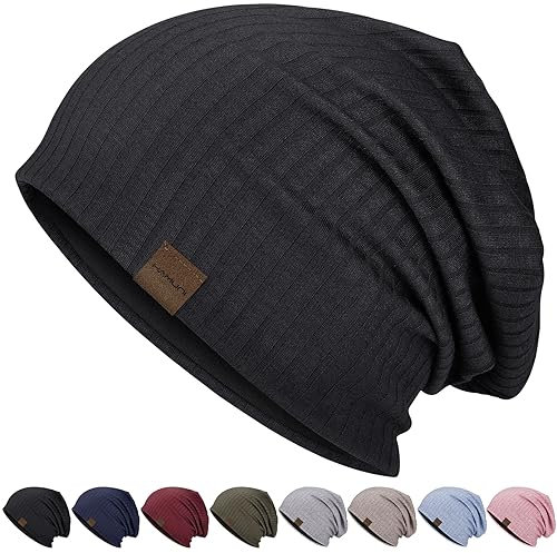 HAMUNI Slouchy Beanie Hip-Hop Soft Lightweight Running Beanie Hat Breathability & Elasticity Adult Dwarf Hats Chemo Cap Skull Cap for Men Women (Black)