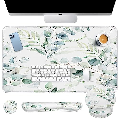 Arttown Schreibtischunterlage, grünes Eukalyptusblätter Mauspad Set mit Handgelenkstütze, 4-in-1 großes Mauspad+Tastatur-Handgelenkauflage+Maus-Handgelenkauflage+Untersetzer mit ergonomischem Design,