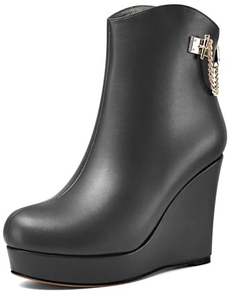 Castamere Donna Alto High Zeppa Piattaforma Tacco Heel Rotonda Punta Stivaletti Cerniera Catena Metallo Slip-on Dress 10 CM Heels Nero 36 EU
