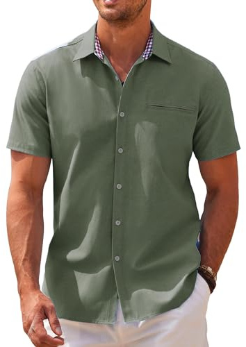 COOFANDY Mens Short Sleeve Shirts Oxford Business Shirt Casual Summer Shirt Chambray Dress Shirts for Men Non Iron Army Green L