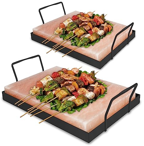 Fiqops Lot de 2 pierres de sel XXL pour griller, 20 x 30 x 3 cm, avec plaque en fer, réutilisable, sel cristal original, plaque de sel pour barbecue