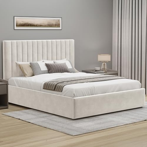 Blisswood Upholstered Ottoman King Size Bed Frame 5ft, Velvet Fabric Bed Frame With Storage, Ottoman Storage Bed With Gas Lift End Opening Wooden Slats, (Beige, King 5FT – No Mattress)